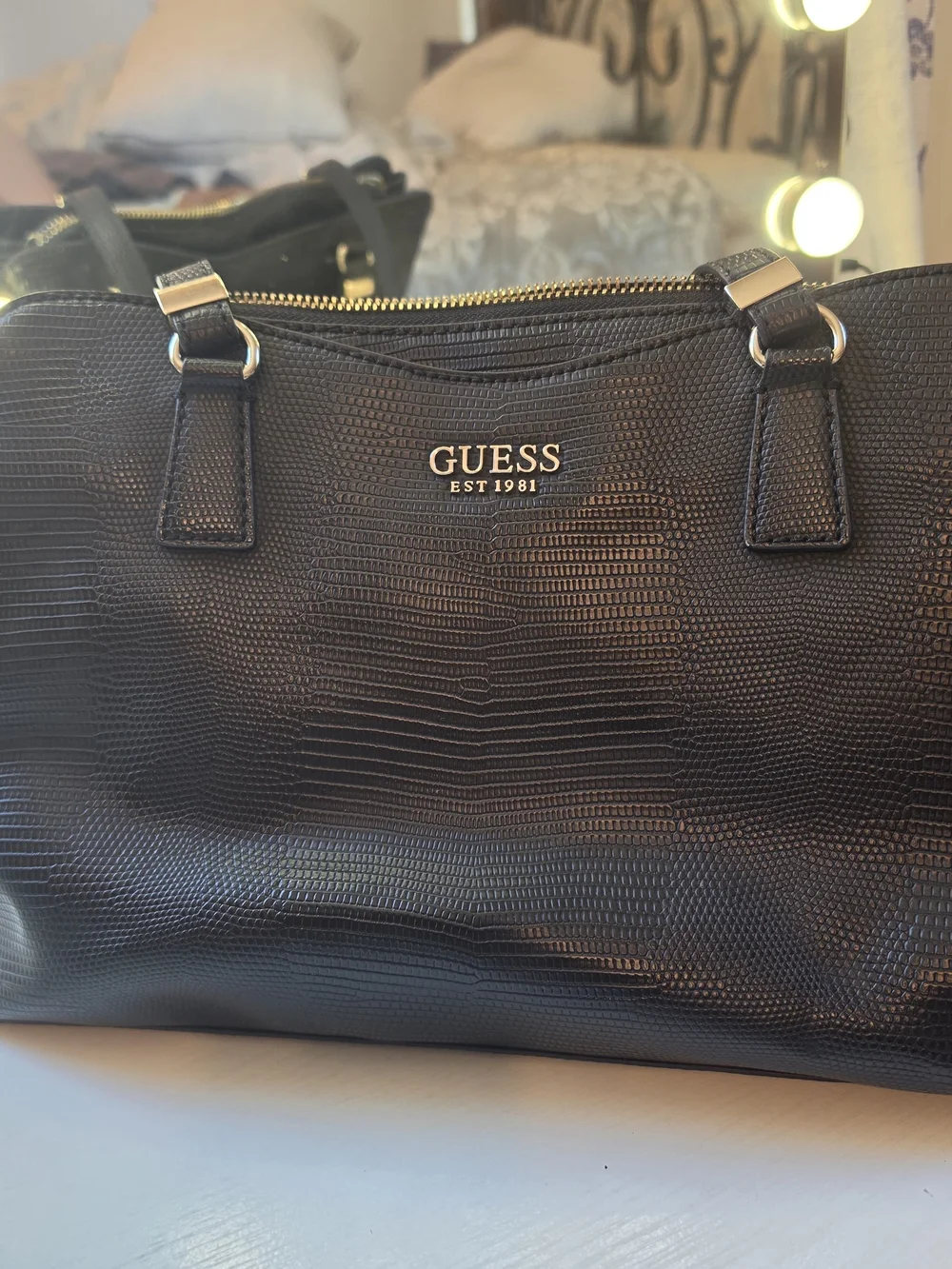 GUESS Black Textured Lizard-Embossed Tote with Gold Logo